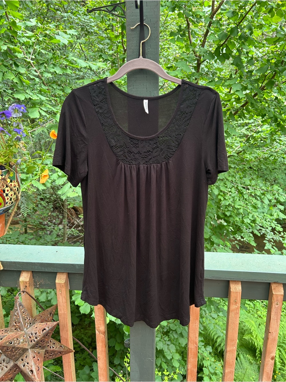 Black Lace-Yoke Short Sleeve Women's Top